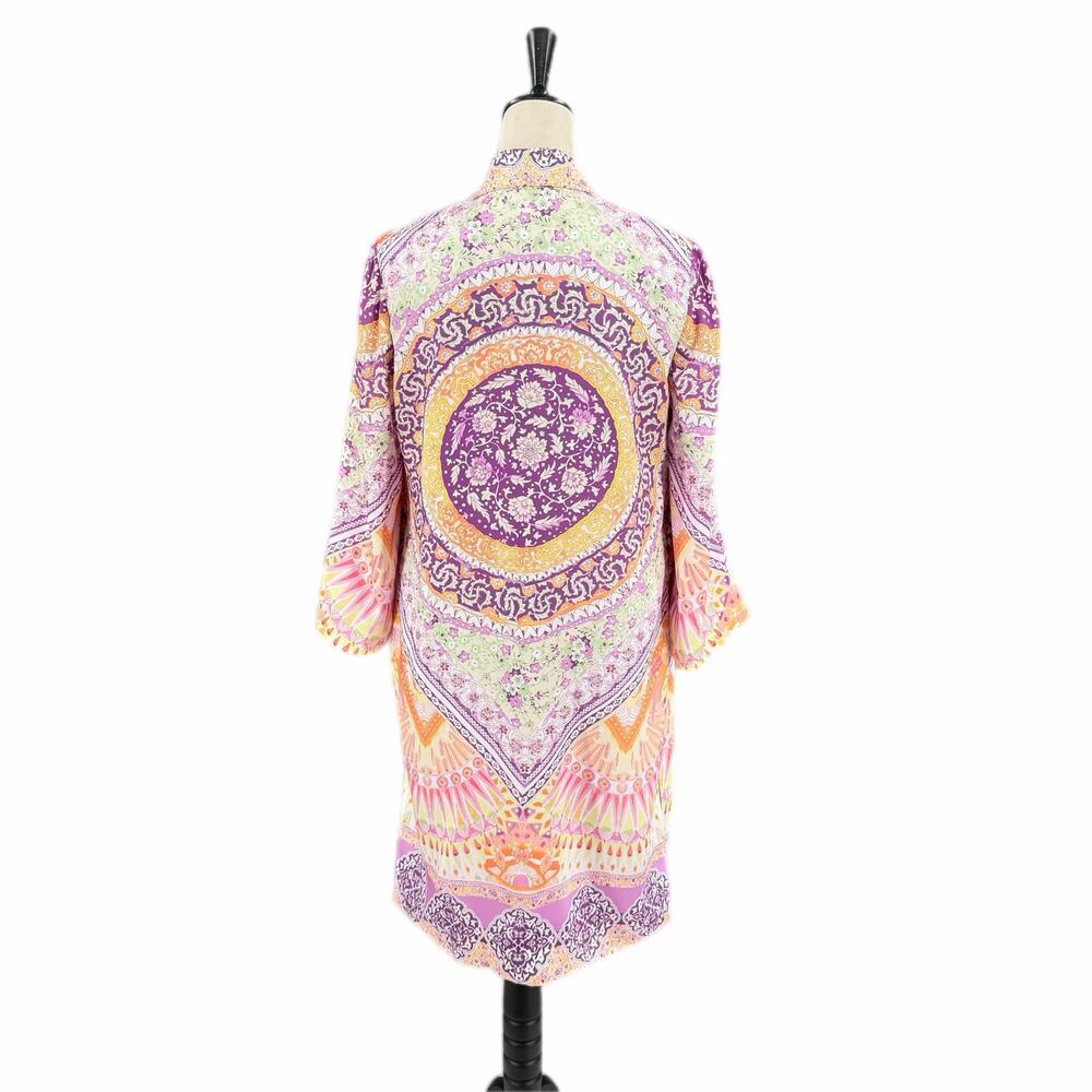 Chico’s Sz 0 Purple Pastel Coastal Tile Floral Satin Boho Chic Duster Cardigan - Picture 2 of 13